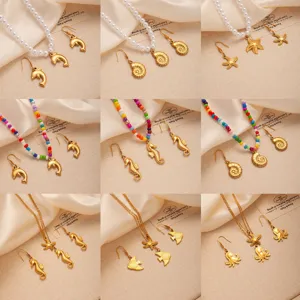 Stainless Steel Ocean Theme Jewelry Set Gold Dolphin Seahorse Starfish Octopus Conch Pendant Necklace Earrings For Women Summer Beach Accessories