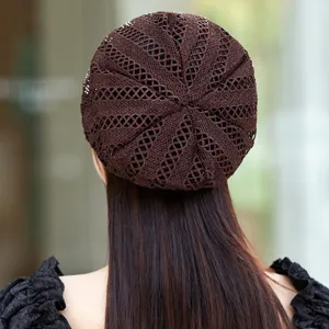 Femme dentelle creux bonnet ete respirant protection solaire chapeau decontracte couleur unie