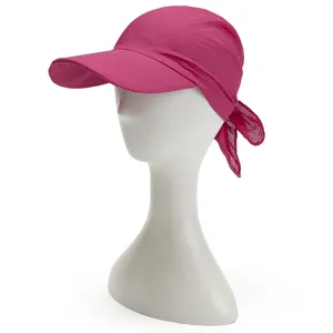 Pink women sun visor hat with scarf tail, summer outdoor UV protection beach cap detail.