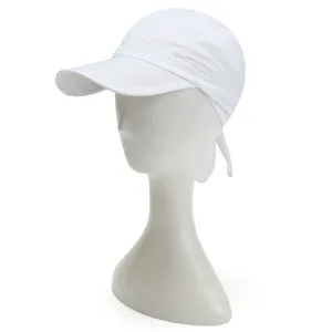 Close-up detail shot of a white summer sun hat with brim and breathable fabric material.