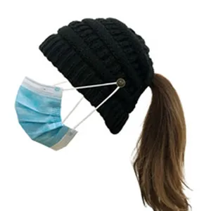 Dames Winter Paardenstaart Mutsgroen Kabelbreisel Warm Hoofddeksel met Knop voor Masker