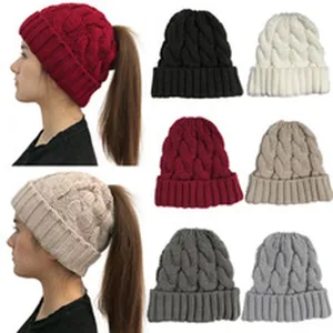 Vrouwen winter kabel gebreide paardenstaart muts warm zacht dikke schedelpet kleuren