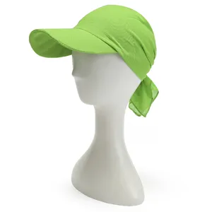 Green sun protection visor hat detail view, lightweight summer headscarf cap design.