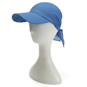 Detail view of the blue sun visor hat with headscarf design, lightweight fabric.
