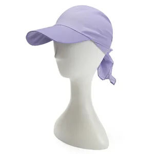 Detail view of the light purple sun protection hat and headscarf for women summer beach.