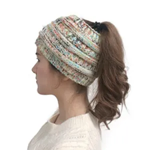 Donna inverno caldo lavorato a maglia coda di cavallo cappello crocchia uncinetto elastico