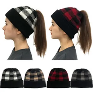 Donna inverno plaid risvolto coda di cavallo berretto in maglia cappello caldo esterno multicolore