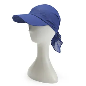 Blue sun protection hat with visor and tail, stylish summer outdoor beach cap for women.