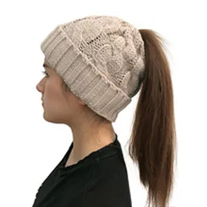 Dames gebreide muts paardenstaart winter warme kabelsteek muts beanie hoed beige