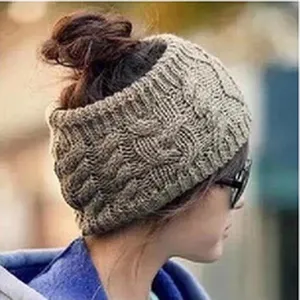 Donna inverno berretto trecce coda cavallo caldo cappello lavorato a maglia kaki