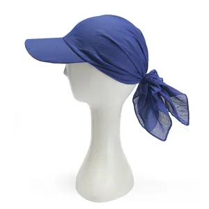 Detail view of the blue summer sun hat with visor and headscarf design for women outdoor.