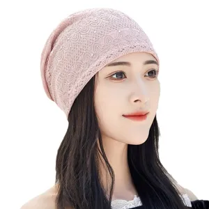 Women pink lace beanie hat slouchy pullover cap, elegant spring autumn casual headwear for ladies.