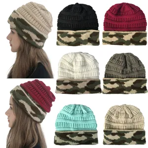 Detailed view of women knit camo beanie hats in various colors, stylish warm winter cap.