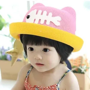 Cute pink toddler sun hat detail, mesh breathable design with cat ears and fish bone decor.