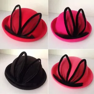 Women wool bowler hat with cute mesh bunny ears, autumn winter warm cute dome hat multi color