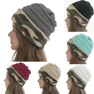 Multi-color camo cuff knit beanie hat women winter warm stylish thermal headwear detail