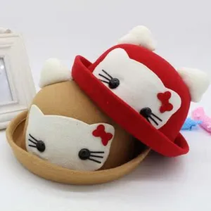 Cute cartoon cat plush wool bowler hats winter warm cute bowler hat set red and camel color