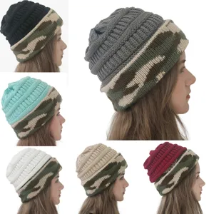Detailed view of camouflage knitted beanie hat, winter warm cozy slouchy cap for outdoor sports.