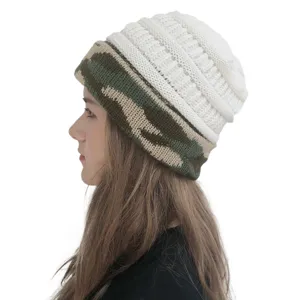 Close-up detail of the knitted beanie featuring a white ribbed top and camo folded brim.