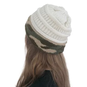 Close-up detail of knitted beanie hat with white ribbed top and camouflage brim design.