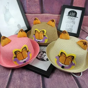 Cute Garfield cartoon straw hat with cat ears for kids, lovely summer sun protection.