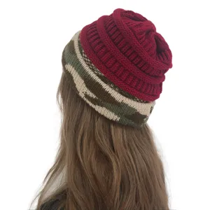 Camouflage knit beanie detail display, winter warm outdoor windproof knitted hat item.