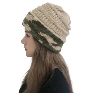 Outdoor warm camouflage knitted beanie hat winter windproof casual pullover cap detail view