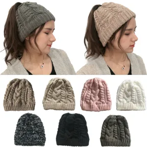 Cappello da donna in maglia con trecce coda di cavallo invernale caldo elegante beanie