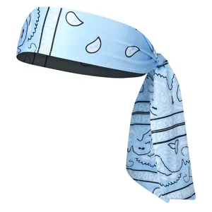 Bandeau de sport paisley bleu clair avec nouette, tissu respirant pour course fitness.