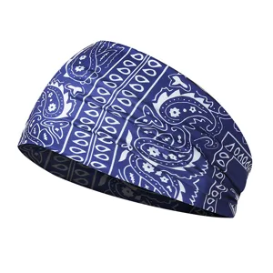 Blue paisley athletic headband, elastic moisture wicking sports hair band for yoga running workout.