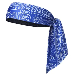 Bandeau de sport paisley bleu vue detaillee, bande de cheveux imprimee classique pour entrainement.