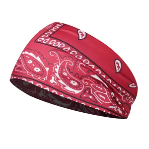 Red paisley print headband detail shot, elastic fabric for sports yoga running wear.