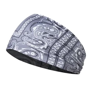 Grey paisley sports headband for women and men, elastic yoga running fitness hair band.