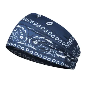Close-up view of the blue paisley elastic sports headband, highlighting soft breathable fabric texture.