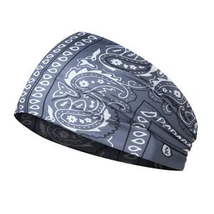 Elastic sports headband with classic blue paisley print, ideal for yoga, running, and fitness.
