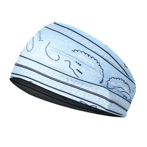 Light blue paisley print elastic sports headband for yoga and running workout detail view.