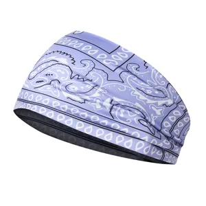 Detailed view of elastic sports headband featuring a stylish purple paisley print design.