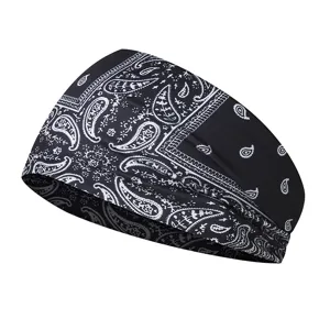 Close-up view of the black elastic headband featuring classic white paisley print details.