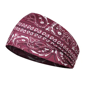Burgundy paisley print athletic headband elastic yoga sports hair band for men and women.