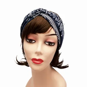 Navy blue vintage paisley print wide twist headband for women, retro boho style hair accessories.