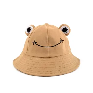 Niedlicher Frosch-Bucket-Hat mit gesticktem Lächeln und 3D-Ohren, weiche Freizeit-Sonnenmütze.