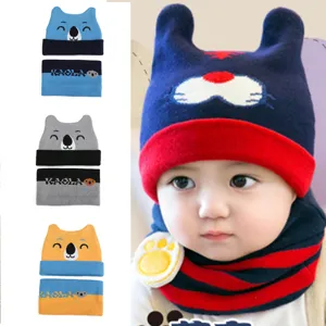 Süße Cartoon Koala Kinder Strickmütze Winter Winddicht Weich Warm Acryl Mütze Schal Set Für Kleinkinder Jungen Mädchen