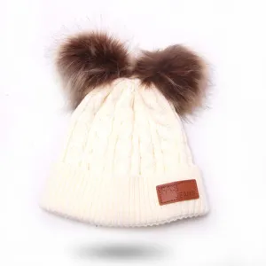 Cute baby winter knit beanie with double faux fur pom poms warm children cap white