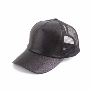Close-up detail of the black glitter front panel and breathable mesh back on this womens baseball cap.