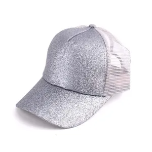 Detail shot of silver glitter baseball cap, breathable mesh back panel, summer sun hat.