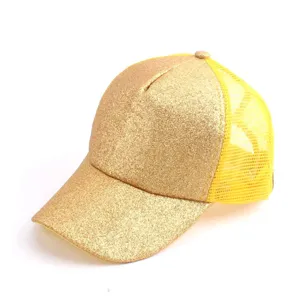 Gold glitter mesh baseball cap, sparkle trucker hat detail showing texture and mesh back.