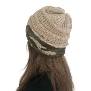 Thermal knit beanie for winter outdoor sports, stylish camouflage splice design cap.