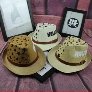 Fashion straw fedora hat with star print and hello letter design summer sun hat for women