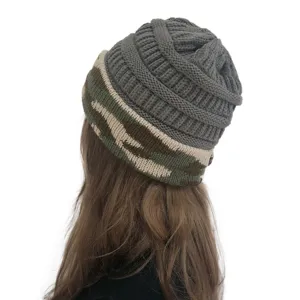 Cozy knit beanie back view, dark grey ribbed top with camo brim, warm winter outdoor hat.