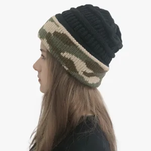 Detailed side view of a stylish black knit beanie featuring a camouflage folded brim for winter.